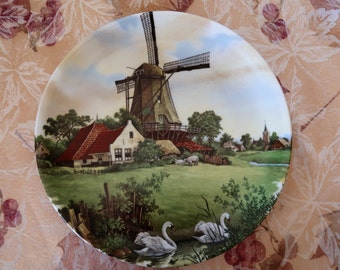 Royal Schwabap Hand decorated and signed Collectors plate Windmill and Swans~~ 10 1/4"
