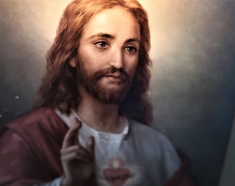 Beautiful Vintage Sacred Heart of Jesus wall hanging with light and scroll frame La Fuente