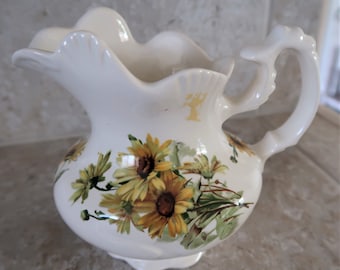 Vintage Pitcher - Transferware Pitcher - Yellow Daisies- Victorian