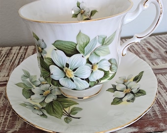 1950s Paragon Dogwood Canadian Provincial Flowers Tea Cup Duo, tea cup and saucer set