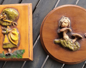 Vintage 3D wall  art chalk art plaster Holly Hobbie and butterfly Owl perched on mushroom