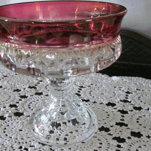 vintage Tiffin Franciscan King&#39;s Crown ruby flash thumbprint glass compote pedestal fruit bowl/candy dish