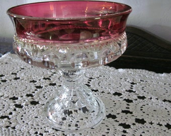 vintage Tiffin Franciscan King's Crown ruby flash thumbprint glass compote pedestal fruit bowl/candy dish
