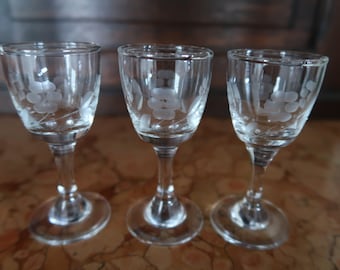 Vintage set of 3 Optic floral etched Port/liquor stemmed glass by Weston glass