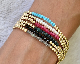 Pulsera elástica de oro laminado de 14 quilates con cuentas de piedras semipreciosas - Ideal para combinar con otras pulseras de joyería de gemas para mujer