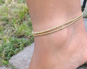 Gold Filled Anklet 2 mm, Beaded Layering Anklet, Isabella Celini, Gold Filled Beads, Stretch Stacking Anklet, Boho Chic, Gift for Women