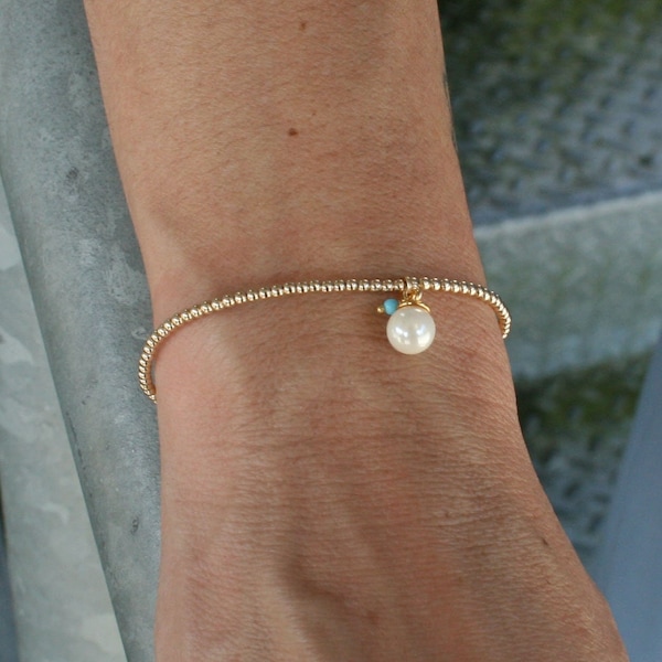 Fresh Water Pearl Gold Filled Bracelet, Pearl Charm Bracelet, Isabella Celini, Gold Filled Beads, Stretch Stacking Bracelet, Bridesmaid Gift