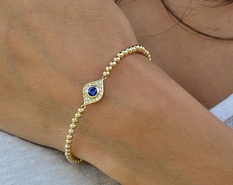 Gold Filled Beaded Evil Eye Bracelet, Isabella Celini, Gold Filled Beads, Stretch Stacking Bracelet, Boho Chic, Gift for Women