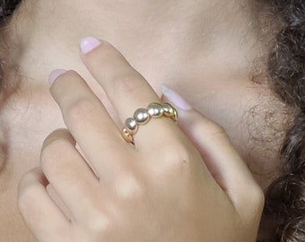 7mm Flat Gold Filled Beaded Stacking Ring - Stretch  Minimalist Style Tarnish-Free Womens Ring