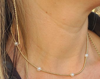 Dainty 14kt Gold Filled Pearl Necklace, Freshwater Beads Tarnish-Free