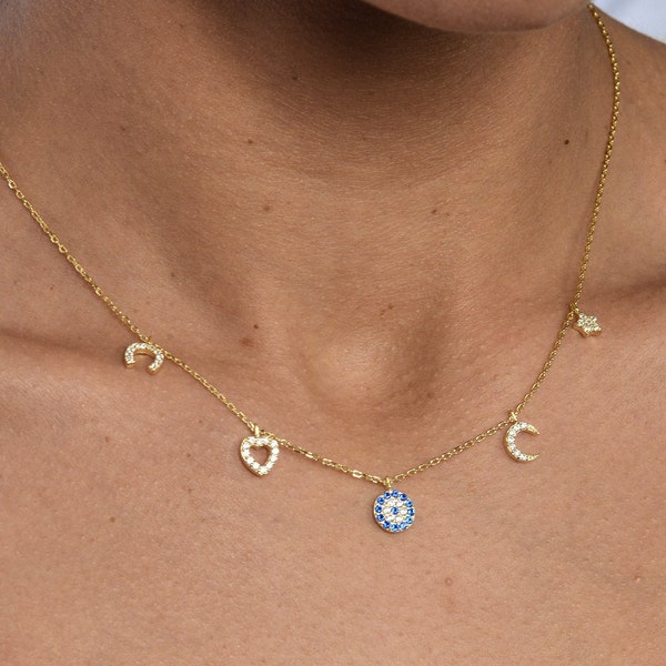 Evil Eye Necklace Silver, Multi Charm Necklace, Evil Eye Necklace Sterling Silver, Eye Necklace, Gift Ideas