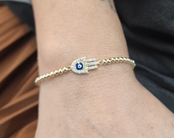 Hand with Evil Eye Gold Filled Bracelet, Isabella Celini, Gold Filled Bead, Stretch Stacking, Hamsa Religious Bracelet, Boho Chic, Gift Idea