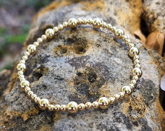 Gold Filled 3 mm and 5 mm Alternating Beads,  Layering Bracelet, Isabella Celini, 14k Gold Filled, Stretch Stacking Bracelet, Boho Chic