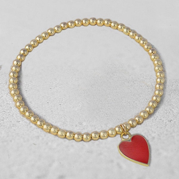 Gold Filled Beaded Heart Charm Bracelet, Isabella Celini, Heart Bracelet, Stretch Stacking Bracelet, Heart Enamel Bracelet, Gift for Women