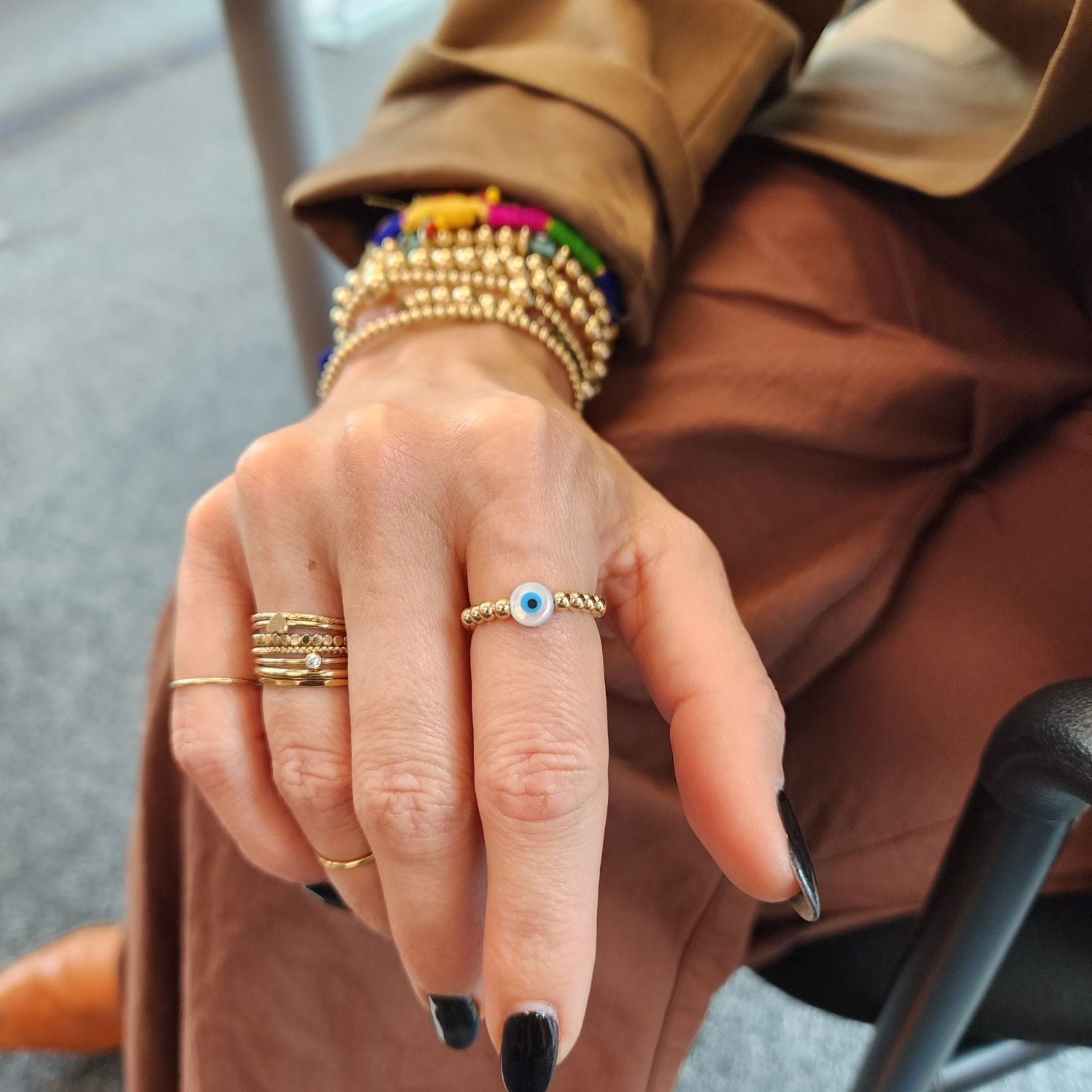 Good Luck Protection Gold Filled Stretch Ring - Tarnish Free - 3mm - Evil Eye Design