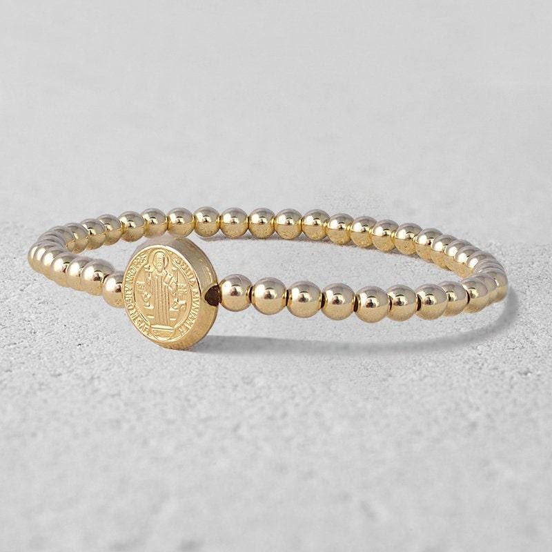 Elegant St Benedict Gold Filled Bracelet - Religious Charm Stretch Wrist Bracelet by Isabella Celini