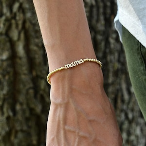 Delicate Gold Filled Beaded Mama Pendant Bracelet with Cubic Zirconia Stretch Band - Stacking Jewelry for All Occasions