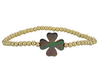 Gold Filled Beaded Mother Pearl Clover Bracelet, Isabella Celini, Gold Filled Beads, Stretch Stacking Bracelet, Lucky Bracelet, Gift for Her