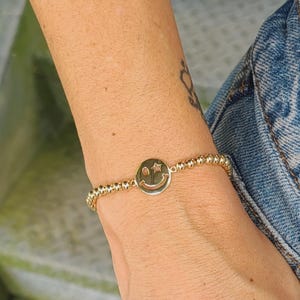 Gold Filled Stretch Bracelet with Smiley Face Pendant for Women - Stacking Bracelet by Isabella Celini