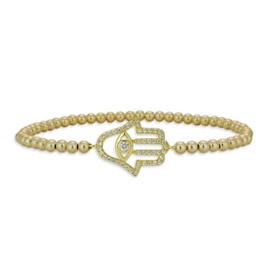 Gold Filled Hamsa Religious Bracelet with Cubic Zirconia Hand Pendant and Beaded Design