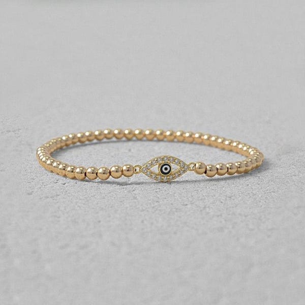 Evil Eye Bracelet: Stackable Gold-Filled Beads with Sterling Silver, CZ Pendant
