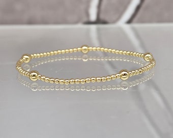 Gold Filled 2 mm and 4 mm Station Beaded Layering Bracelet, Isabella Celini, Gold Filled Bead, Stretch Stacking Bracelet, Gift for Women