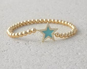 Gold Filled Beaded Star Bracelet, Isabella Celini, Stretch Stacking Bracelet, Star Enamel CZ Bracelet, Boho Chic, Gift for Women