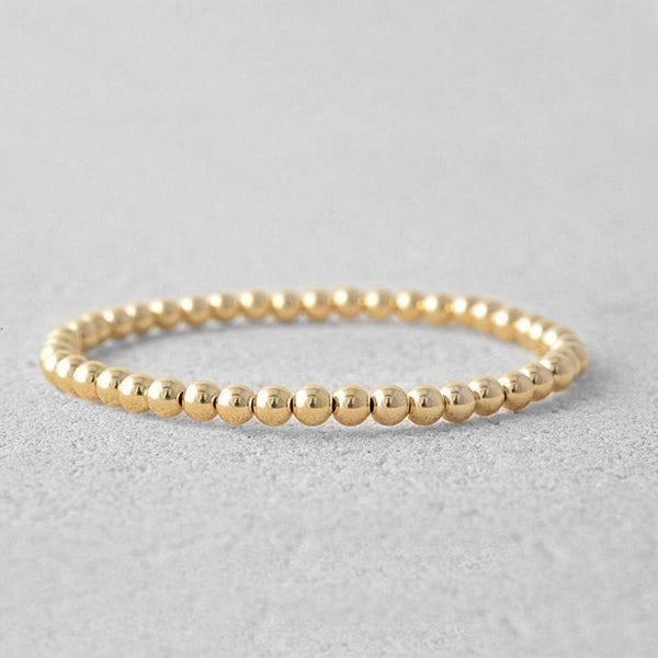 14K Gold Filled Beaded Bracelet for Women - Tarnish Free Waterproof 4mm - Handmade Stretch - Gold Filled Silver or Rose Gold Options