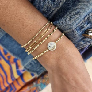 Gold Filled CZ Smiley Face Beaded Stacking Bracelet for Women - Stretch Stacking Bracelet
