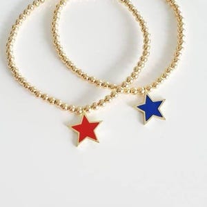 Gold Filled Celestial Charm Bracelet - Enamel Star Stretch Beaded Jewelry by Isabella Celini