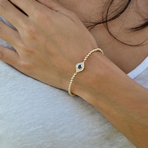 Gold Evil Eye Protection Bracelet - Stretchy Good Luck Stacking Bracelet for Women