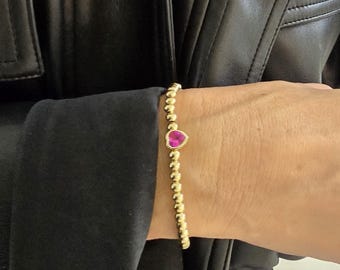 Gold Herz Stretch Armband mit 14kt Gold Filled Perlen und Sterling Silber Herz Anhänger