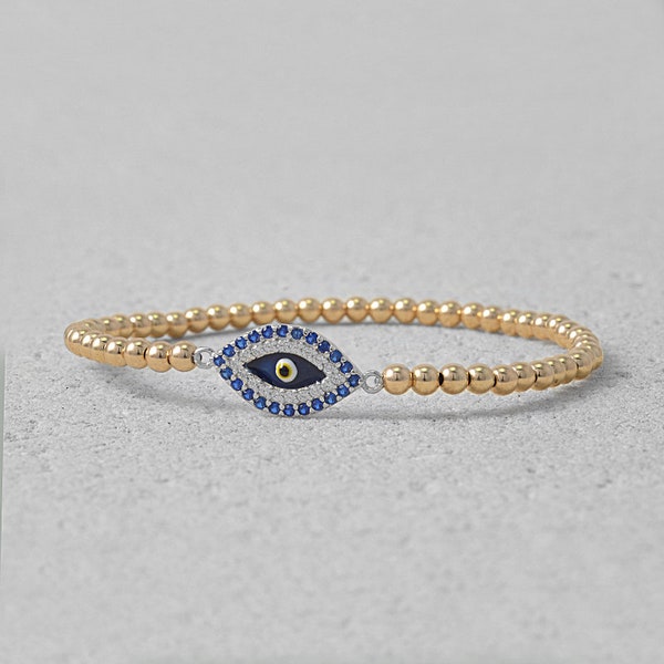 Gold Filled Beaded Evil Eye Bracelet, Isabella Celini, Gold Filled Beads, Stretch Stacking Bracelet, Boho Chic, Gift for Women