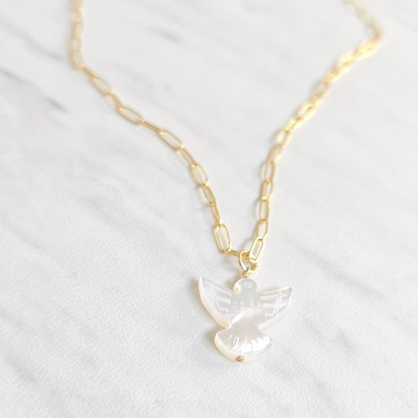 Pigeon Pendant Necklace, Gold Filled, Mother of Pearl Pigeon Pendant, Isabella Celini, Layering Necklace