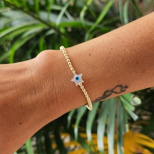 Gold Filled Evil Eye Opal Protection Bracelet  Good Luck Stacking Bracelet Stretchy Jewelry