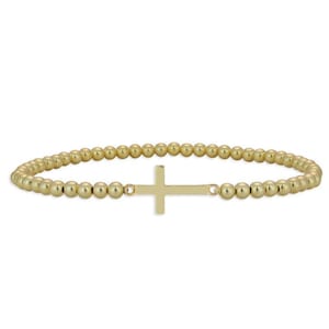 Dainty Gold Filled Cross Pendant Beaded Bracelet - Religious Women&#39;s Layering Jewelry