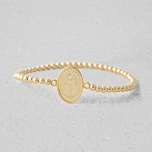 Mother Mary Gold Filled Bracelet, Religious Coin Bracelet, Isabella Celini, Religious Jewelry, Gold Filled Beads, Stretch Stacking Bracelet