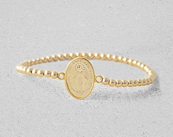 Pulsera llena de oro de la Madre María, pulsera de monedas religiosas, Isabella Celini, joyería religiosa, cuentas llenas de oro, pulsera de apilamiento elástico