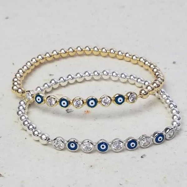 Gold Filled Beaded Evil Eye and CZ Bar Bracelet, Isabella Celini, Gold Filled Beads, Stretch Stacking Bracelet, Boho Chic, Gift for Women