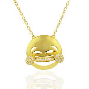 EMOJI FACE Funny Pendant NECKLACE, Laughing Emoji Smiley Face & Cubic Zirconia Cute Tears of Joy Necklace