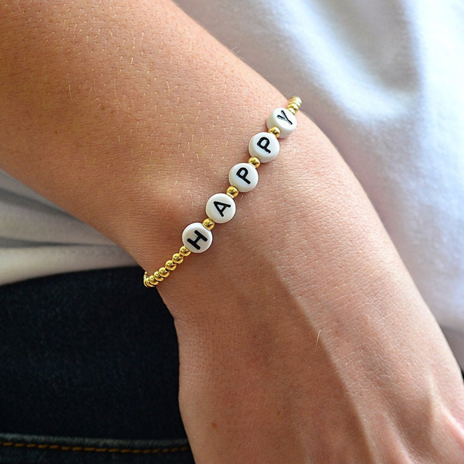Gold Filled Happy Letter Beaded Bracelet Customizable Tarnishfree