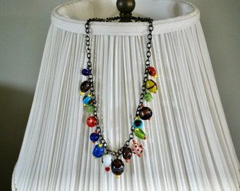 Vintage Lampwork Glass Beaded Necklace, End of Day Beads, 18"