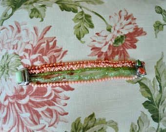 Amy Kahn Russell bracelet, Angel Skin Coral, Peridot, Vintage cuff bracelet, Lemon Chrysoprase, One of a Kind