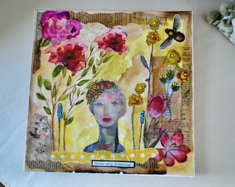 Mixed Media Floral Portrait Canvas Painting, Acrylic Inks, Vintage Papers 8x8