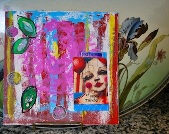 Dreaming,  Mixed Media Art Canvas Painting, Distressed Acrylic Painting, Circles, Canvas Panel, Square Painting