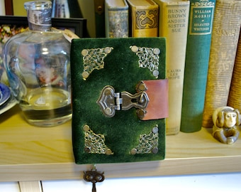 reduced - Green Velvet Grimoire Journal, 400 Tea Stained Pages, Leather Strap Closure, Owl Charm