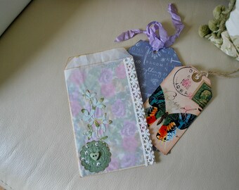 Glassine Flower Pocket, Junk Journal Ephemera, Heart Button, Botanical Card Holder (4x6.75 inches)