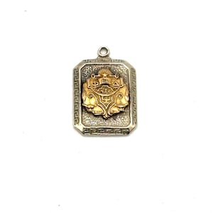 May include: A rectangular silver pendant with a gold emblem. The emblem features a crest with the Greek letters Φ, E, and Δ, along with a star and sun design. The pendant has a decorative border and a small loop at the top.