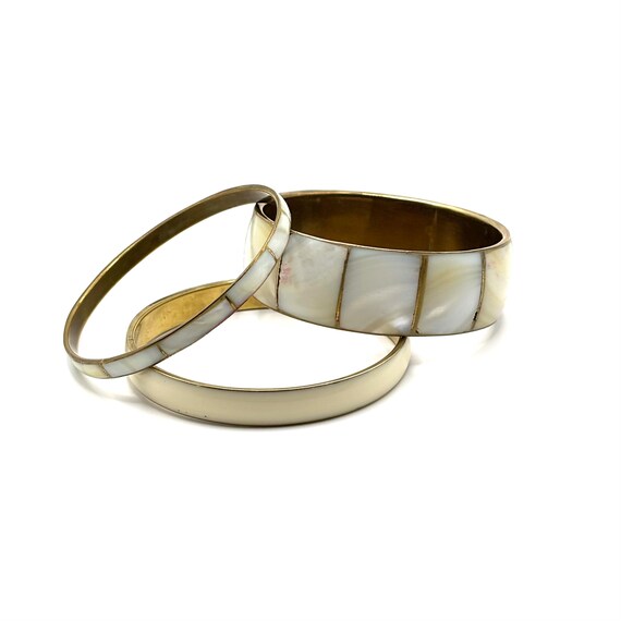 Trio of Boho Shell and Enamel Bangle Bracelets - image 1
