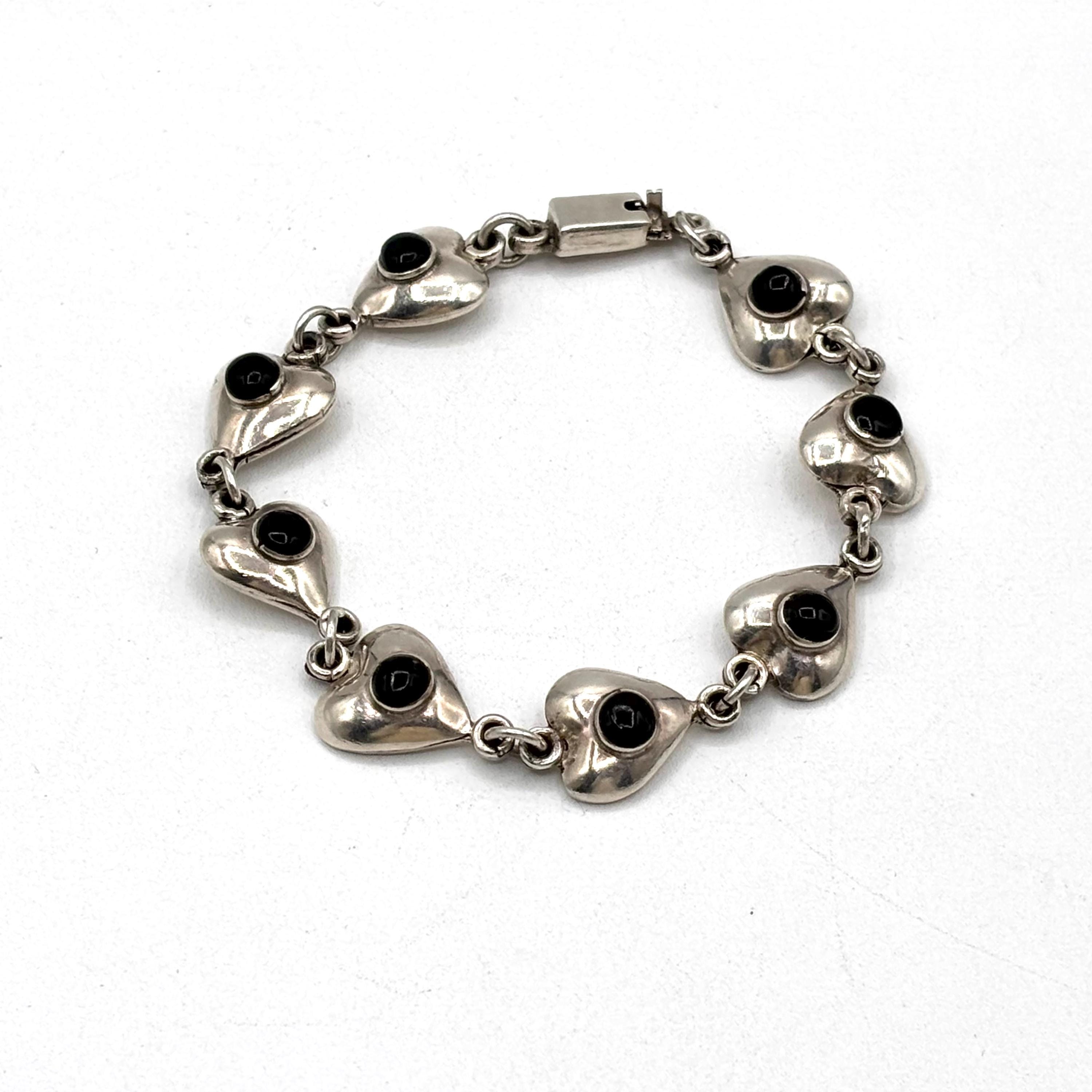 Taxco Mexico Sterling Silver and Black Onyx Heart Bracelet